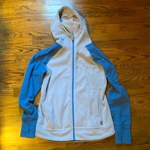 Outdoor Research Hooded Fleece Full Zip. Grey and blue. Super soft. Size Medium.